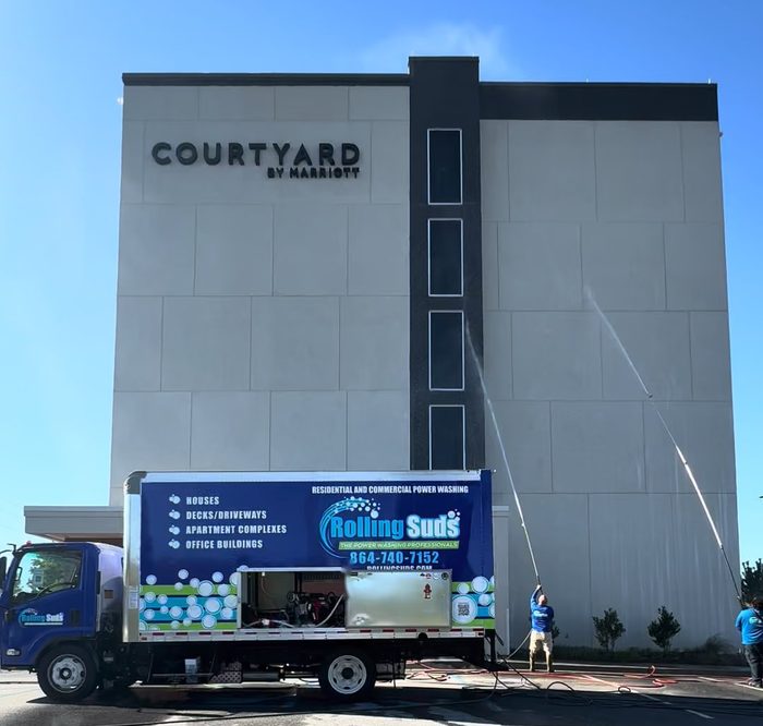 Rolling Suds crew power washing the Courtyard by Marriott hotel in Mauldin, SC