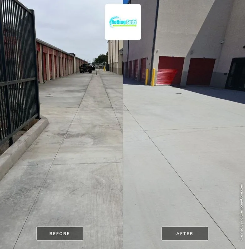 Before and after cleaning concrete drive aisles at a self-storage facility