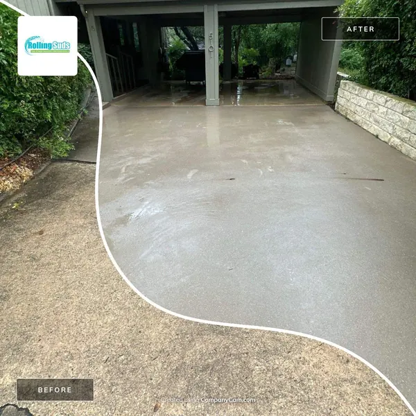 Before and after cleaning a dirty concrete driveway and carport