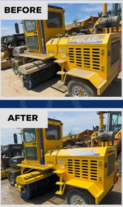 Before and after washing a yellow street sweeper