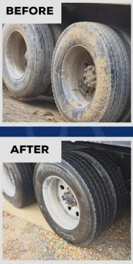 Before and after cleaning mud-covered truck tires and wheels