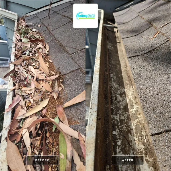 Before and after gutter cleaning: a gutter packed with leaves and seed pods, then cleared down to the bottom