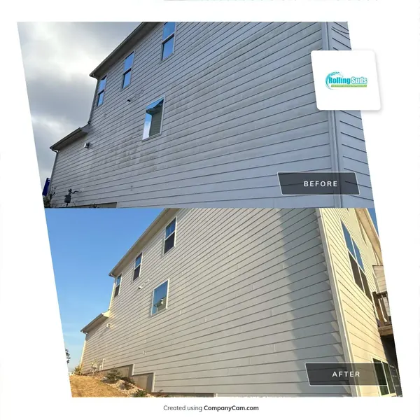 Before and after soft washing Hardie board siding covered in green algae streaks