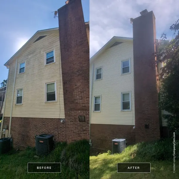 Before and after washing yellow vinyl siding and a brick chimney