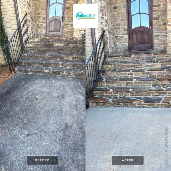 Before and after cleaning stone front steps and a concrete walkway