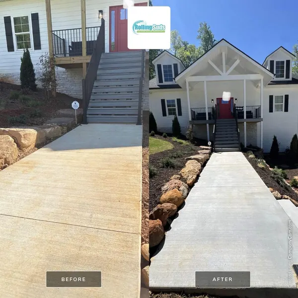 Before and after cleaning red clay stains from a concrete walkway leading to a home